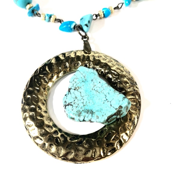 Women's Turquoise Hammered Metal Pendant Necklace - Picture 2 of 4